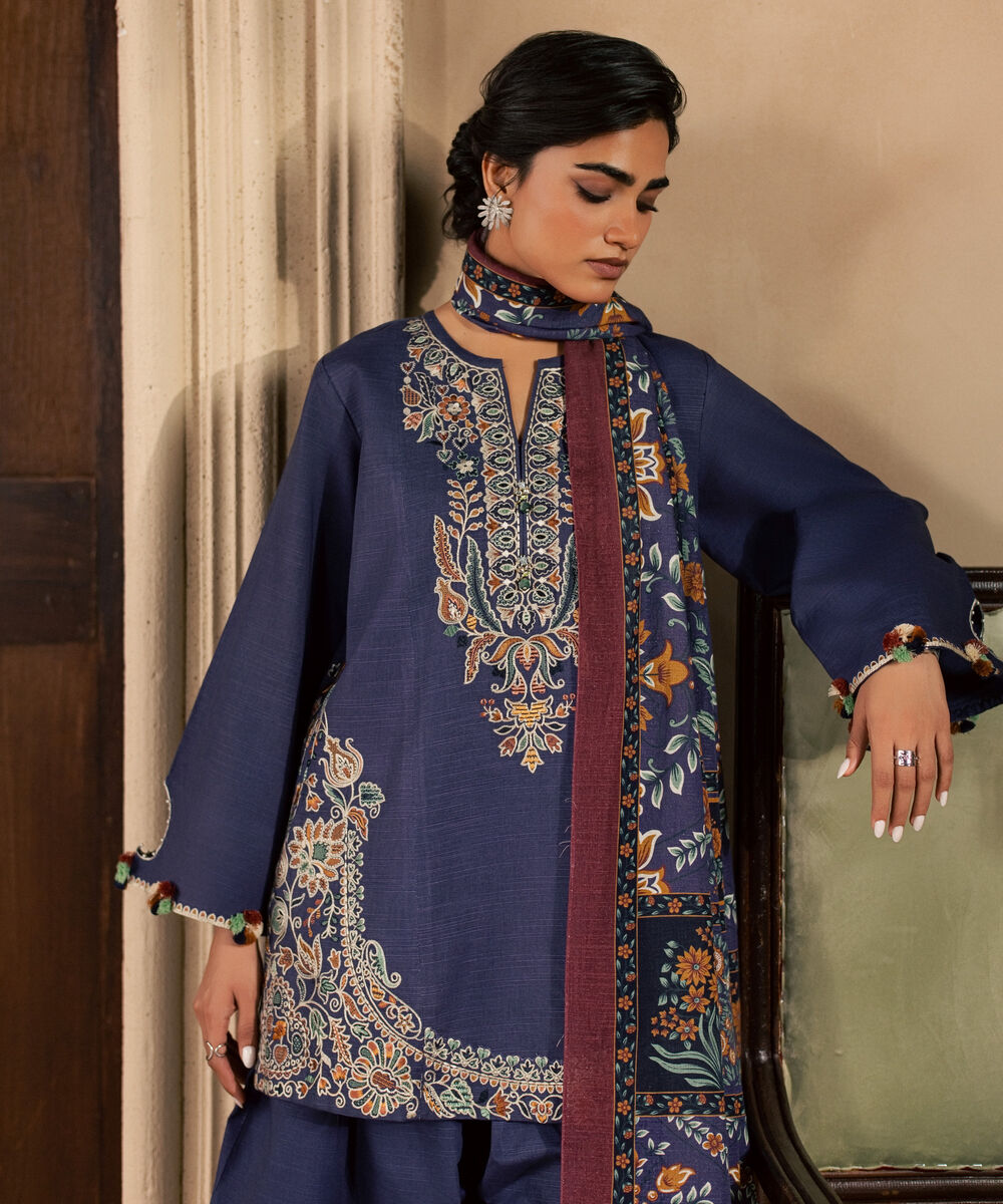 Women's Unstitched Light Khaddar Embroidered Blue 3 Piece Suit