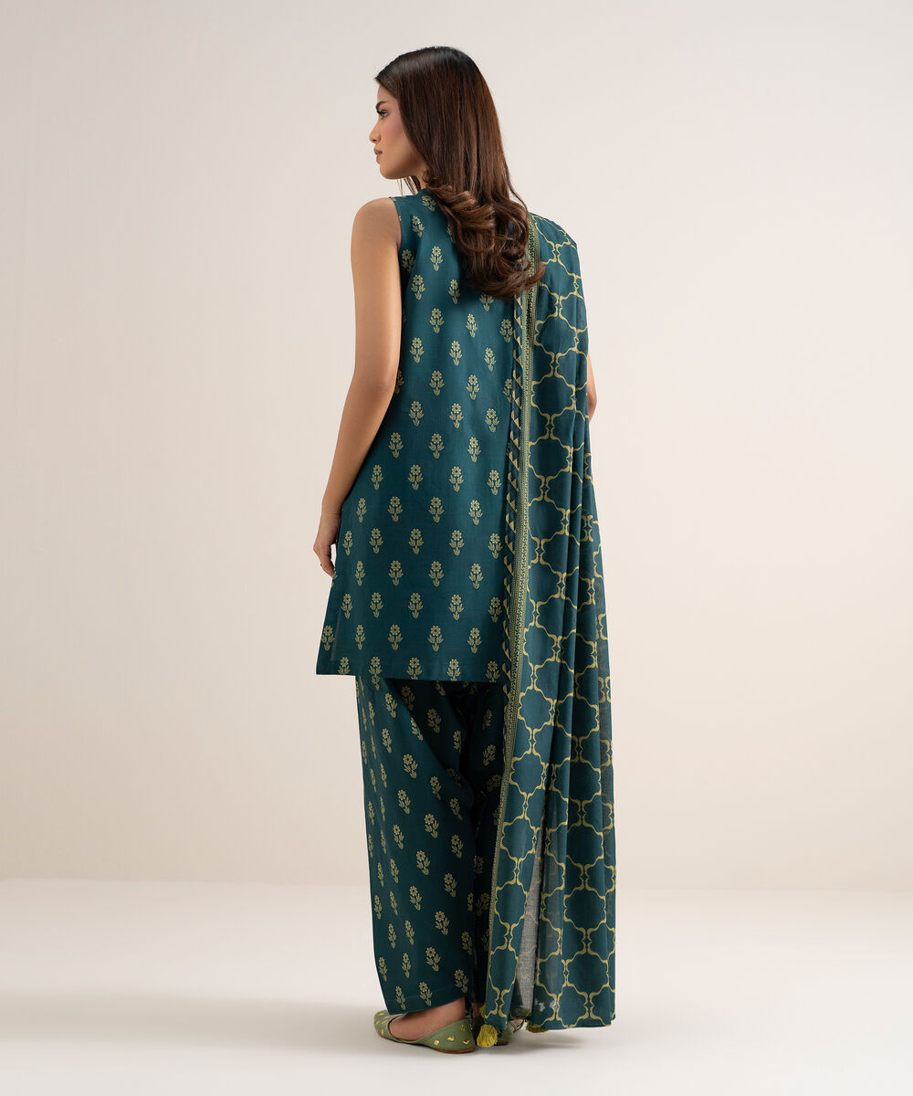 Women's Unstitched Lawn Printed Teal Blue 3 Piece Suit