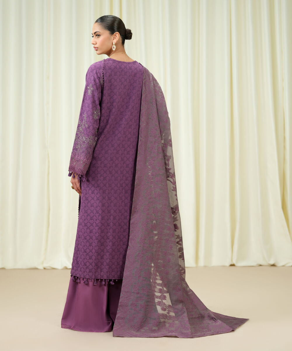Women's Unstitched Linen Jacquard Embroidered Purple 3 Piece Suit