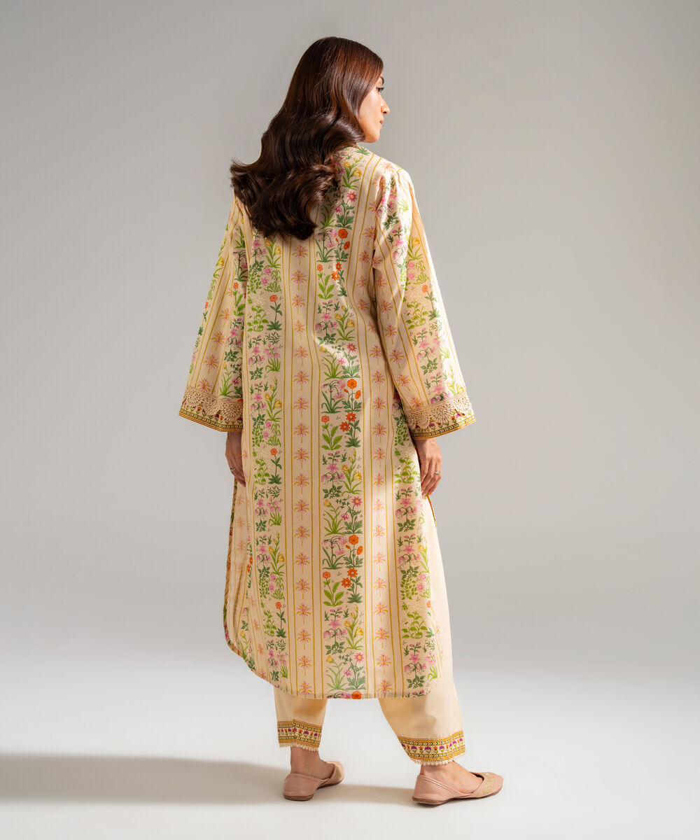 Women's RTW Slub Lawn Printed Beige Straight Shirt