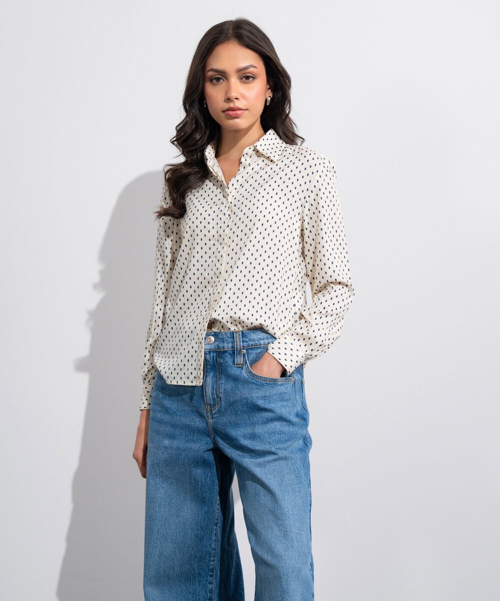 Women's Western White And  Black Polka Dots Shirt