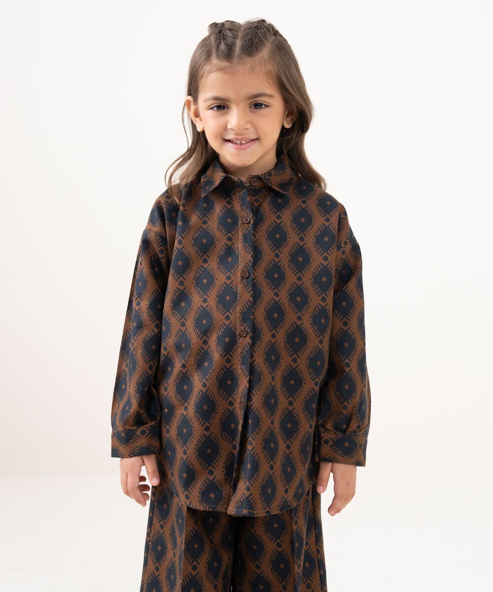 Girl's Light Khaddar Printed Brown 2 Piece Suit