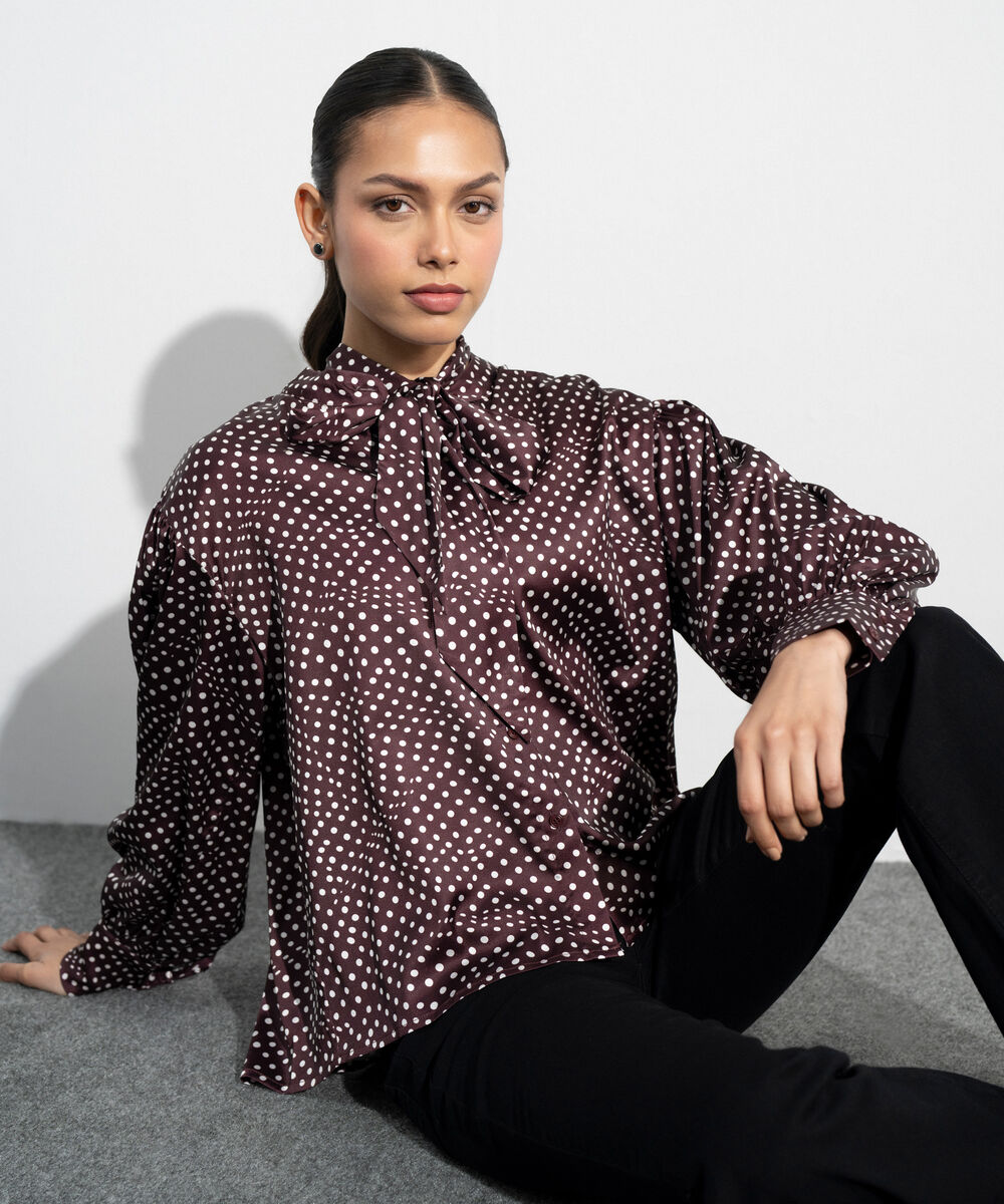 Women's Western Maroon Polka Dot Satin Blouse