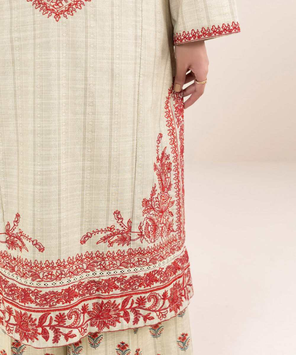 Women's Pret Printed Embroidered Beige Khaddar A Line Shirt