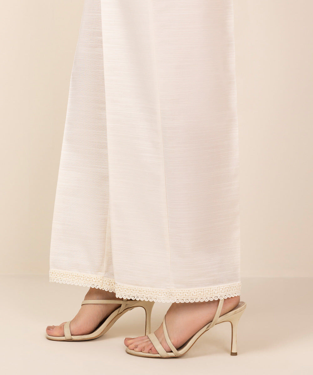 Woman - Off White Solid Khaddar Straight Pants