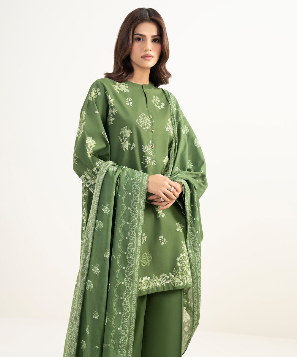 Women's Unstitched Lawn Printed Green 3 Piece Suit