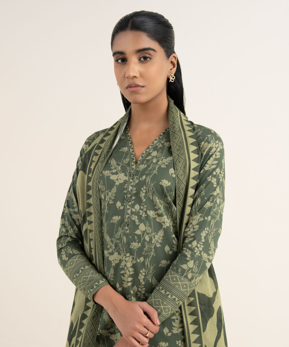 Women's Unstitched Lawn Printed Green 2 Piece Suit