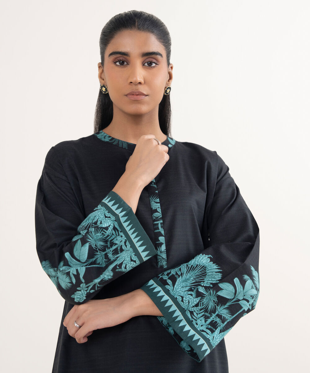 Women's RTW Lawn Printed Black Drop Shoulder Shirt