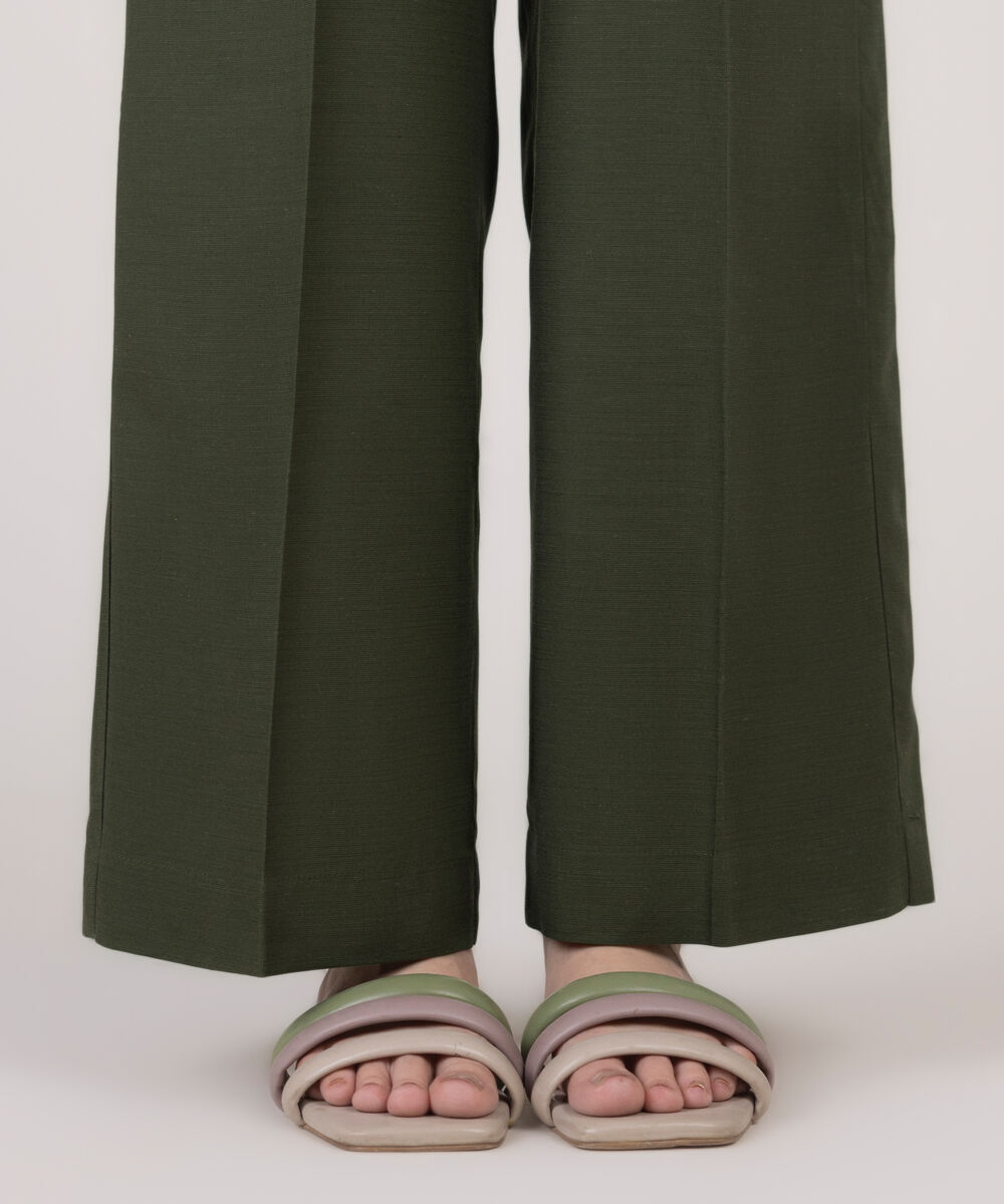 Women's RTW Cotton Viscose Green Solid Straight Pants