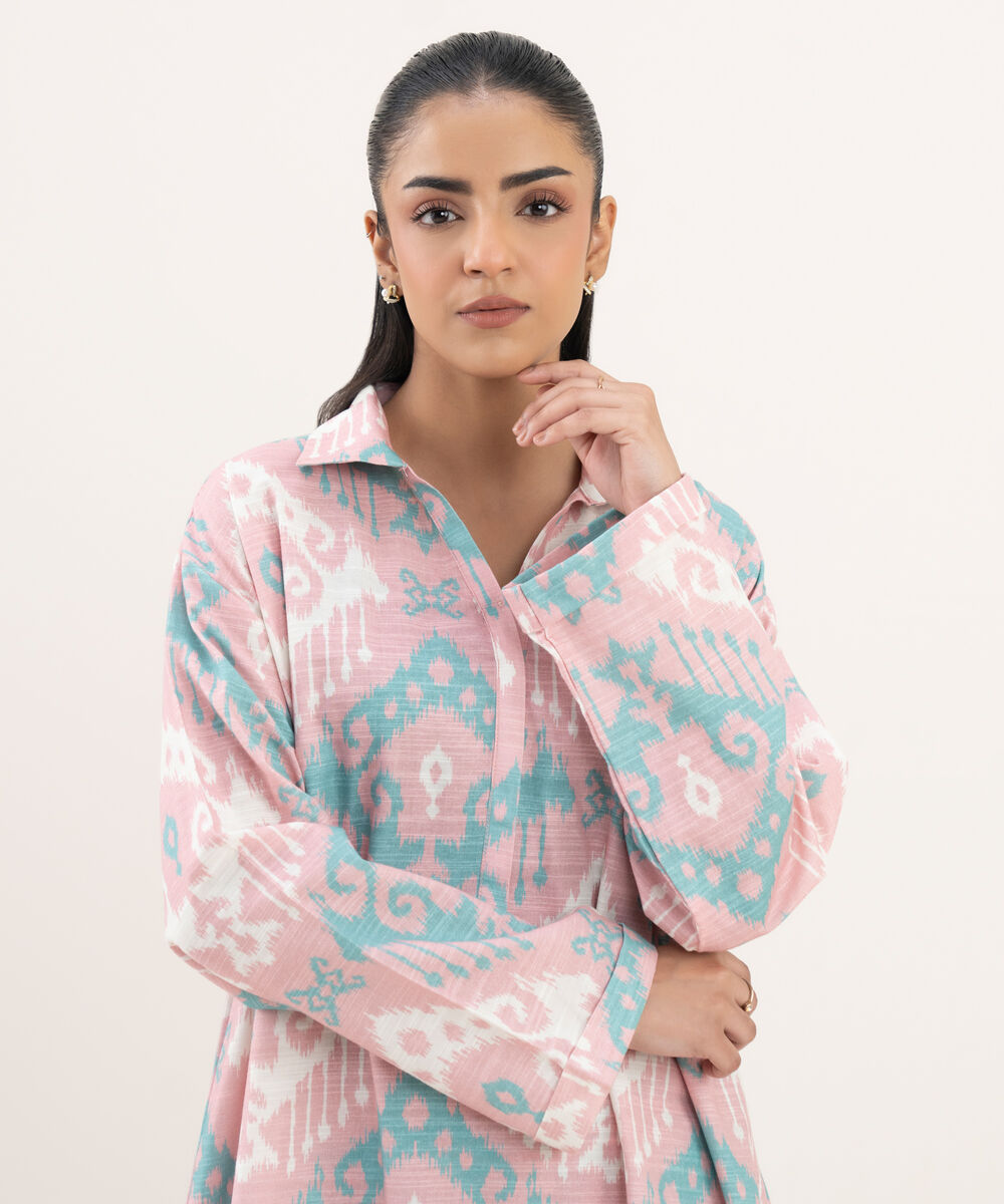 Women's RTW Khaddar Printed Drop Shoulder Pink Shirt