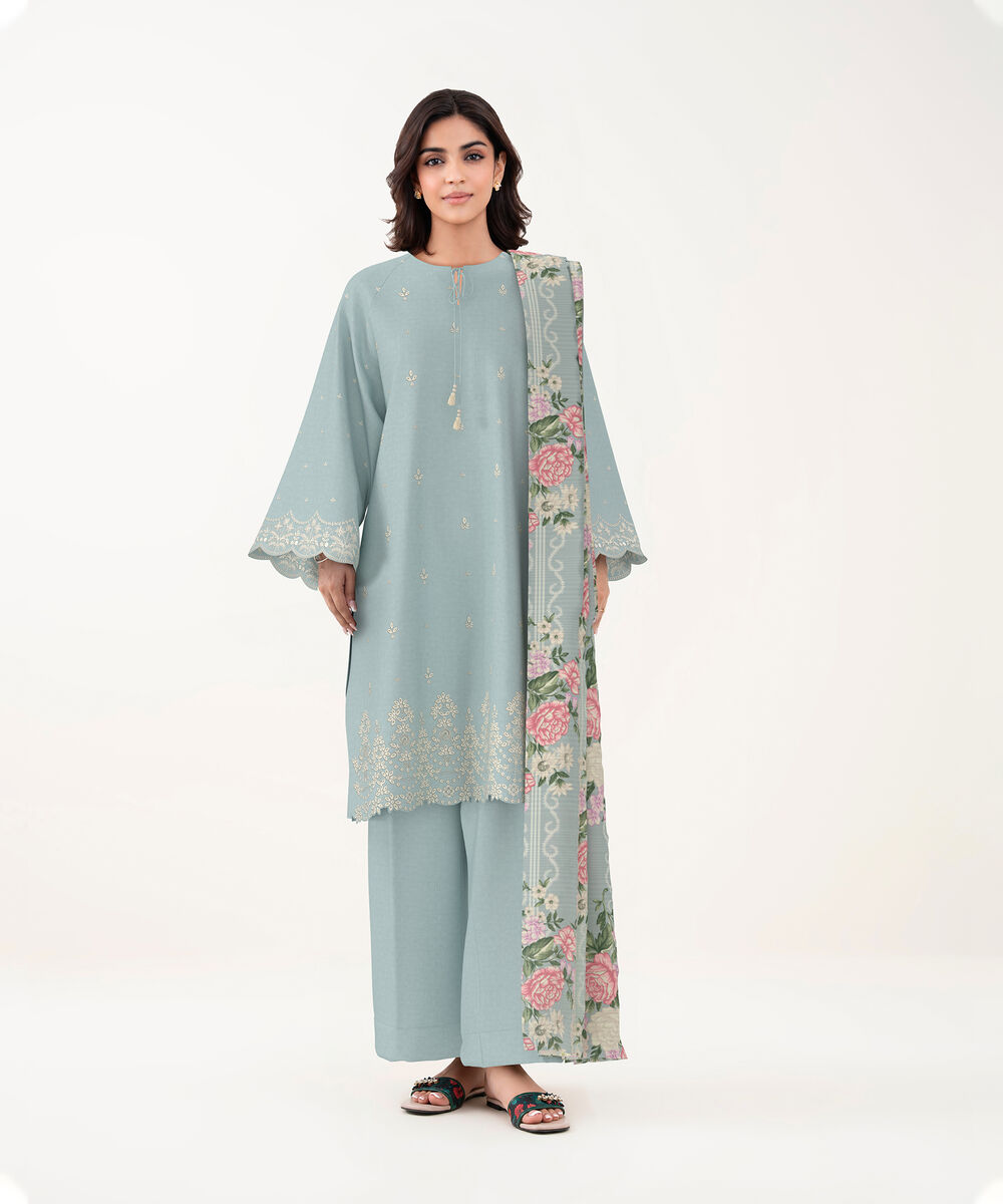 Women's Unstitched Self Jacquard Blue Embroidered 3 Piece Suit