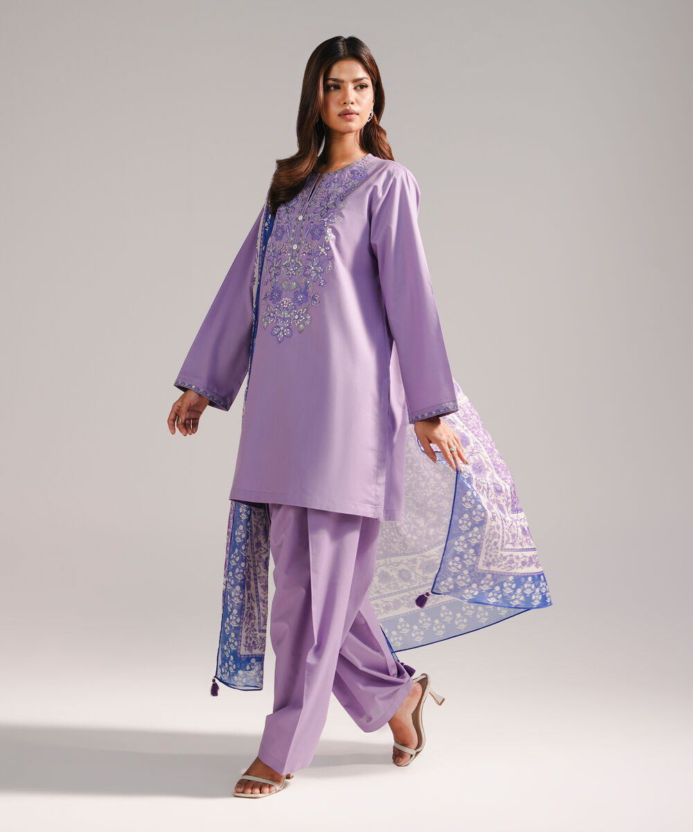 Women's RTW Lawn Embroidered Lavender 3 Piece Suit