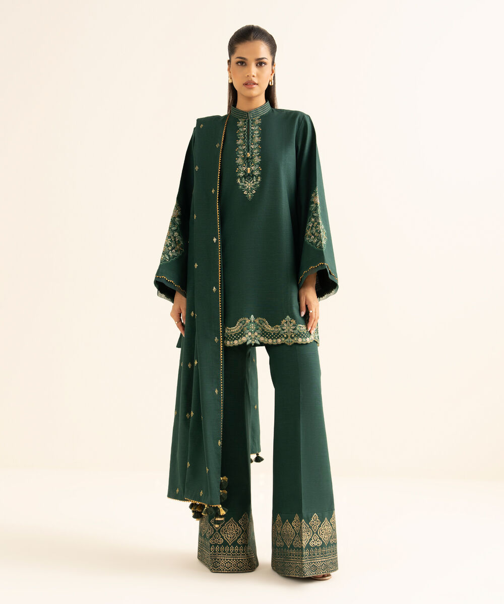 Women's Unstitched Khaddar Embroidered Green 3 Piece Suit
