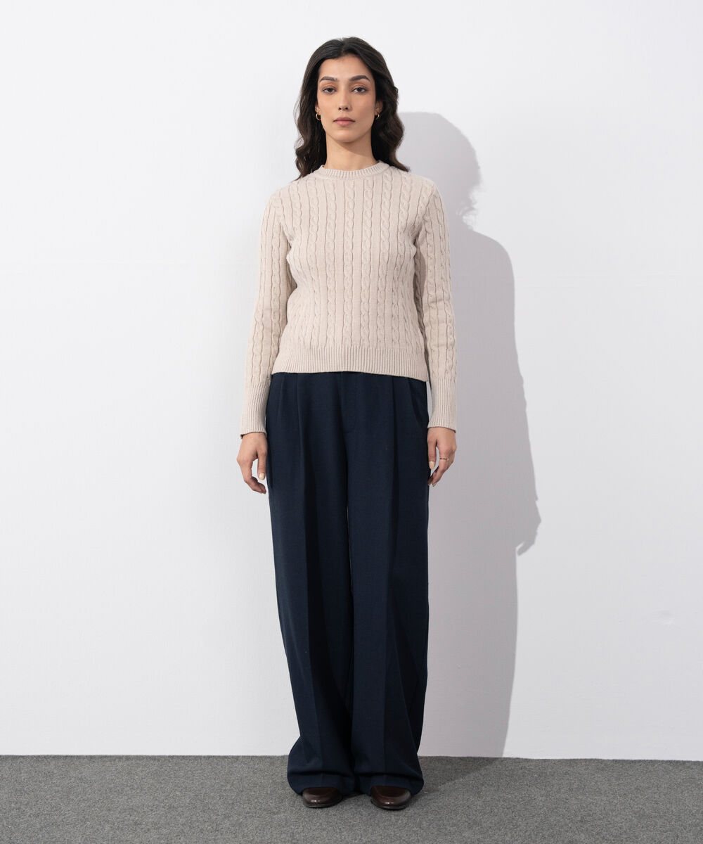 Women's Western Wear Beige Cable Knit Sweater