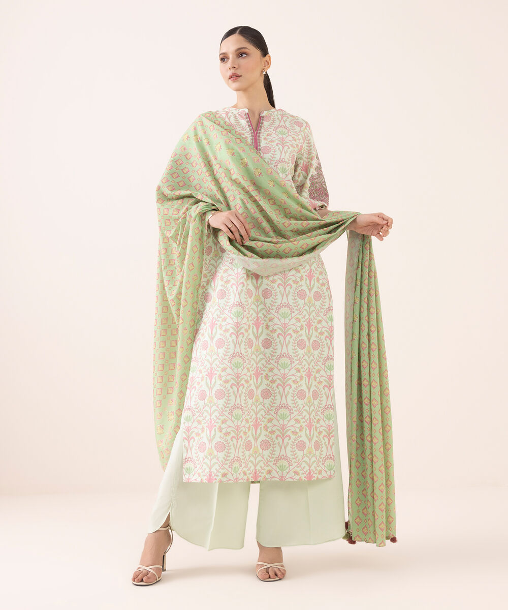 Women's Unstitched Cotton Embroidered Multi Three Piece Suit