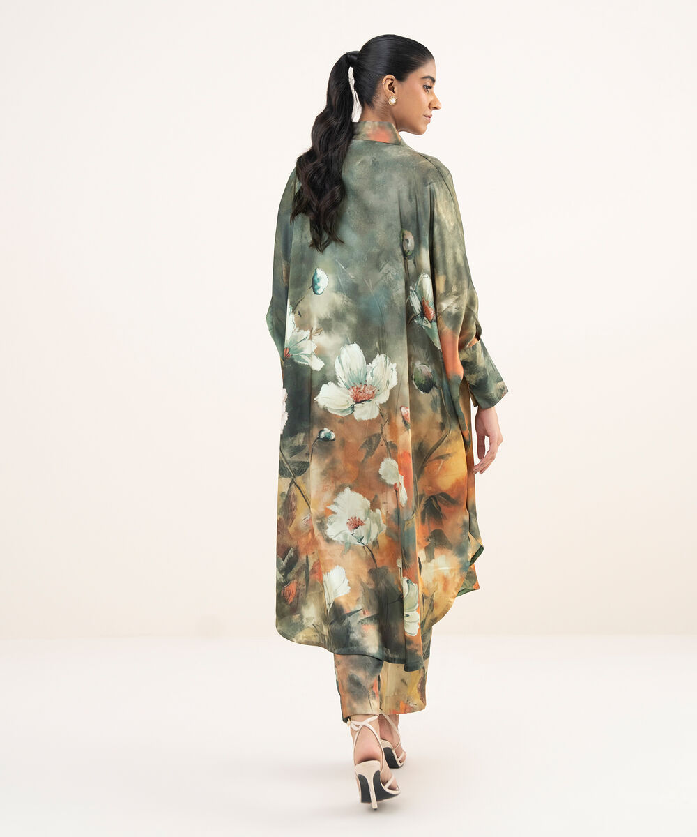 Women's RTW Blended Satin Green Printed Kaftan