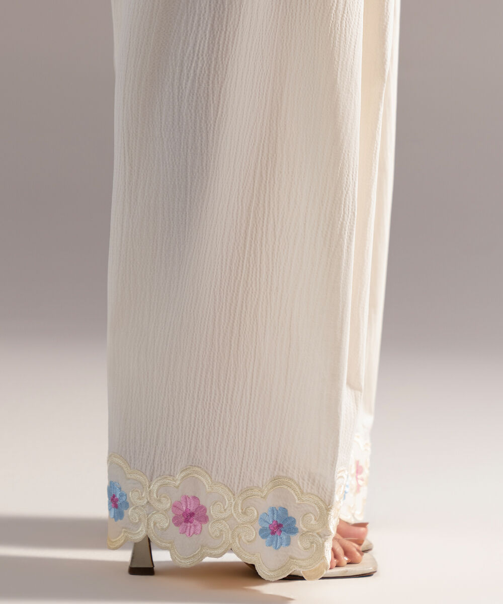 Women's RTW Seersucker Embroidered Off White Farshi Shalwar