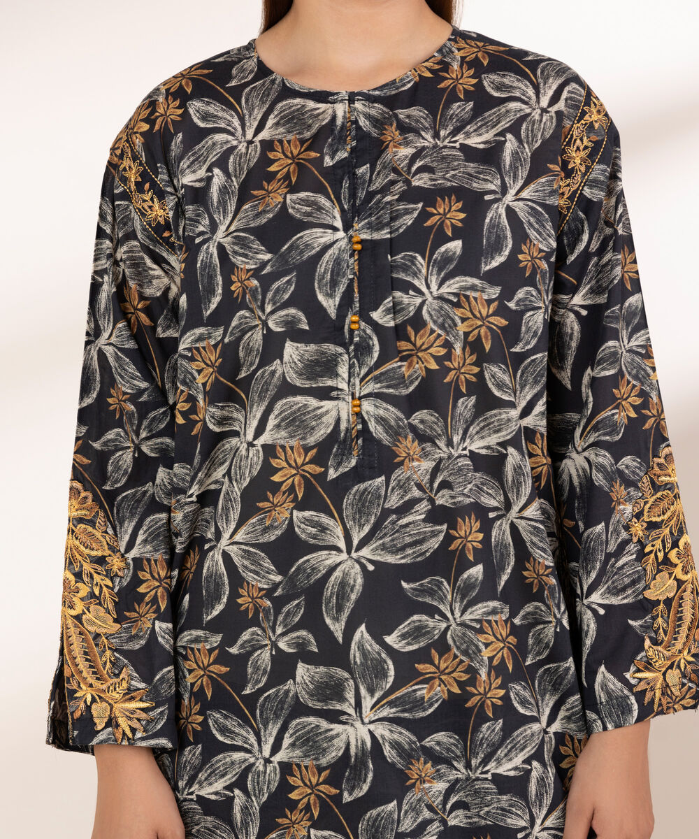 Women's RTW Lawn Black Embroidered Boxy Shirt