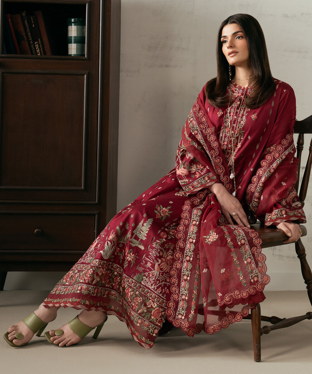 Women's Unstitched Fine Cotton Satin Embroidered Red  3 Piece Suit