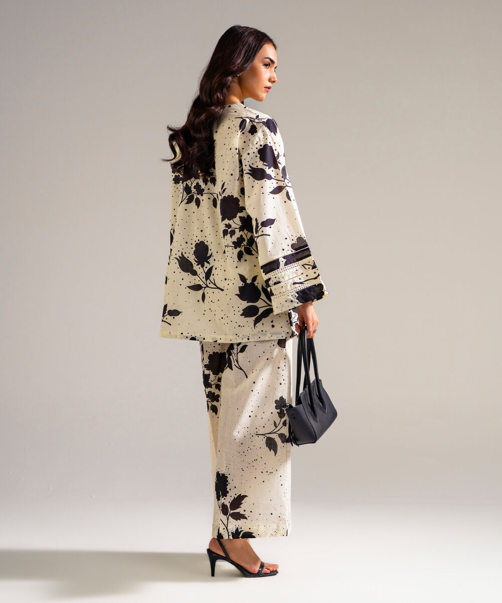 Women's RTW Slub Lawn Printed White Drop Shoulder Shirt
