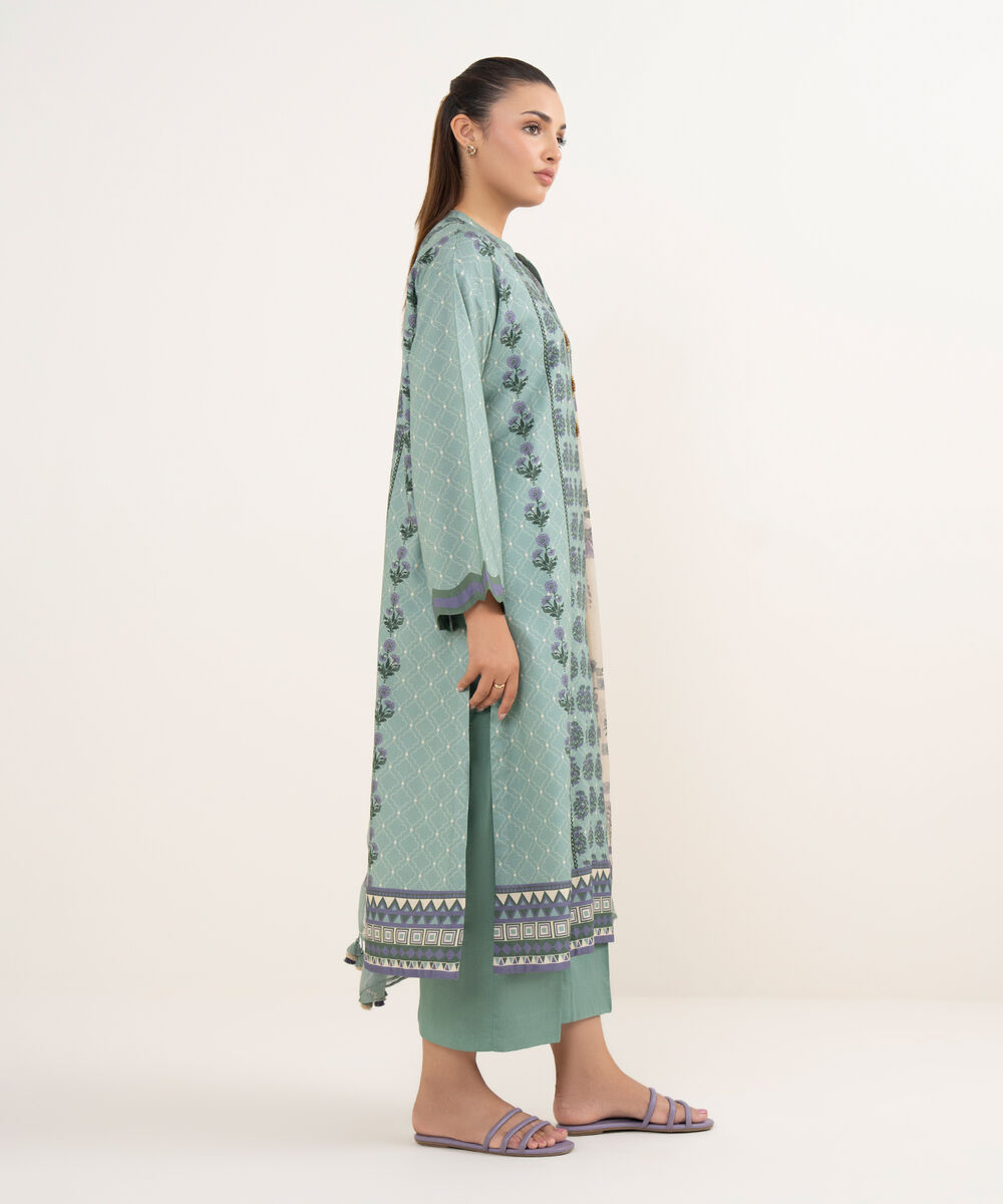 Women's Unstitched Cotton Printed Green Three Piece Suit