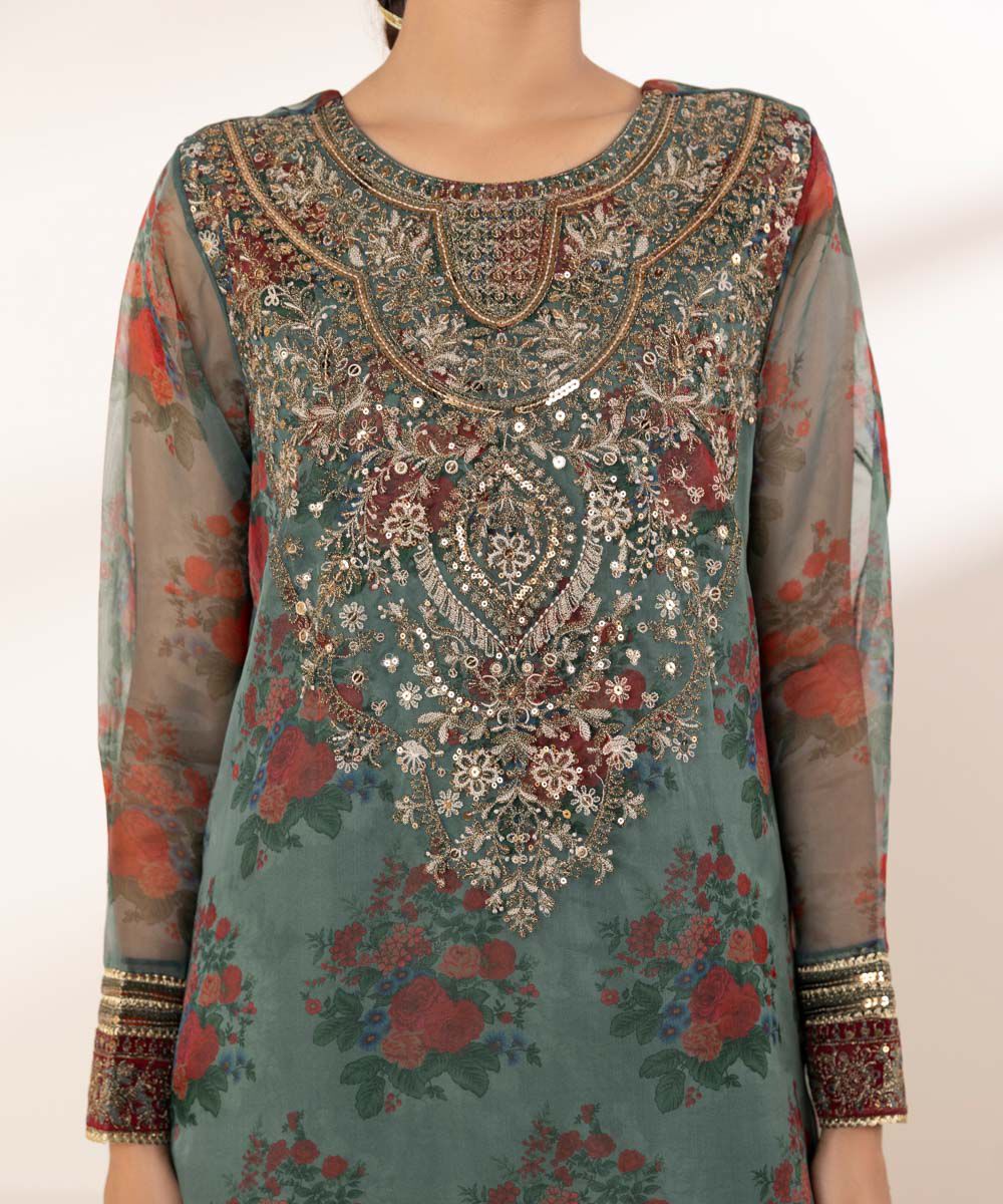 Women's RTW Blended Organza Green Embroidered Three Piece Suit