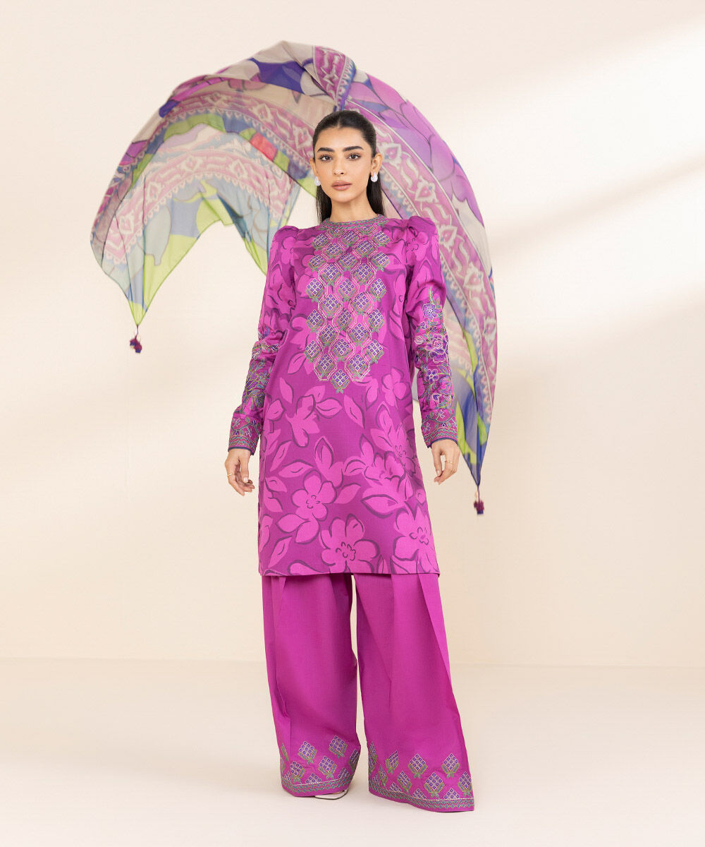 Women's Unstitched Cotton Satin Embroidered Purple 3 Piece Suit