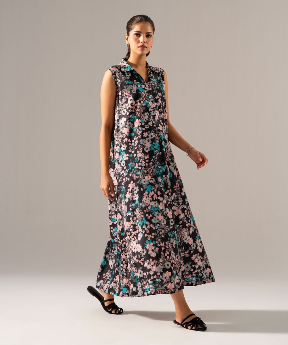 Women's RTW Cotton Viscose Printed Black Dress