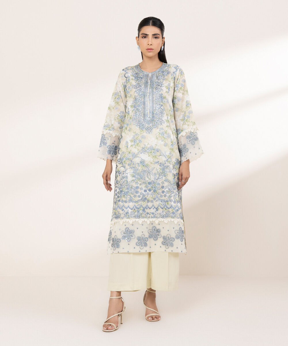 Women's RTW Zari Lawn Blue Embroidered A-Line Shirt