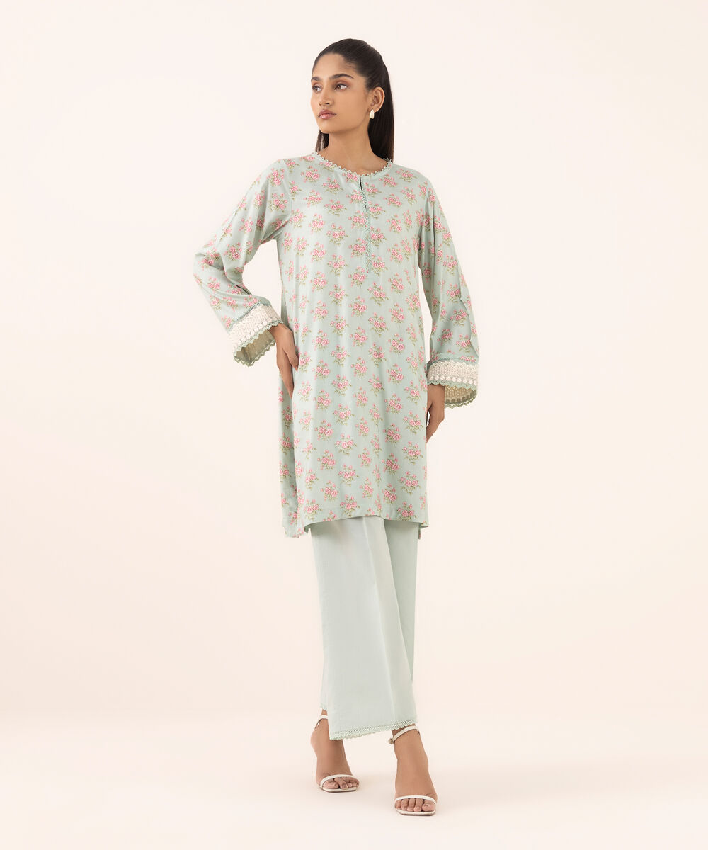 Women's RTW Arabic Lawn Blue Embroidered A-Line Shirt