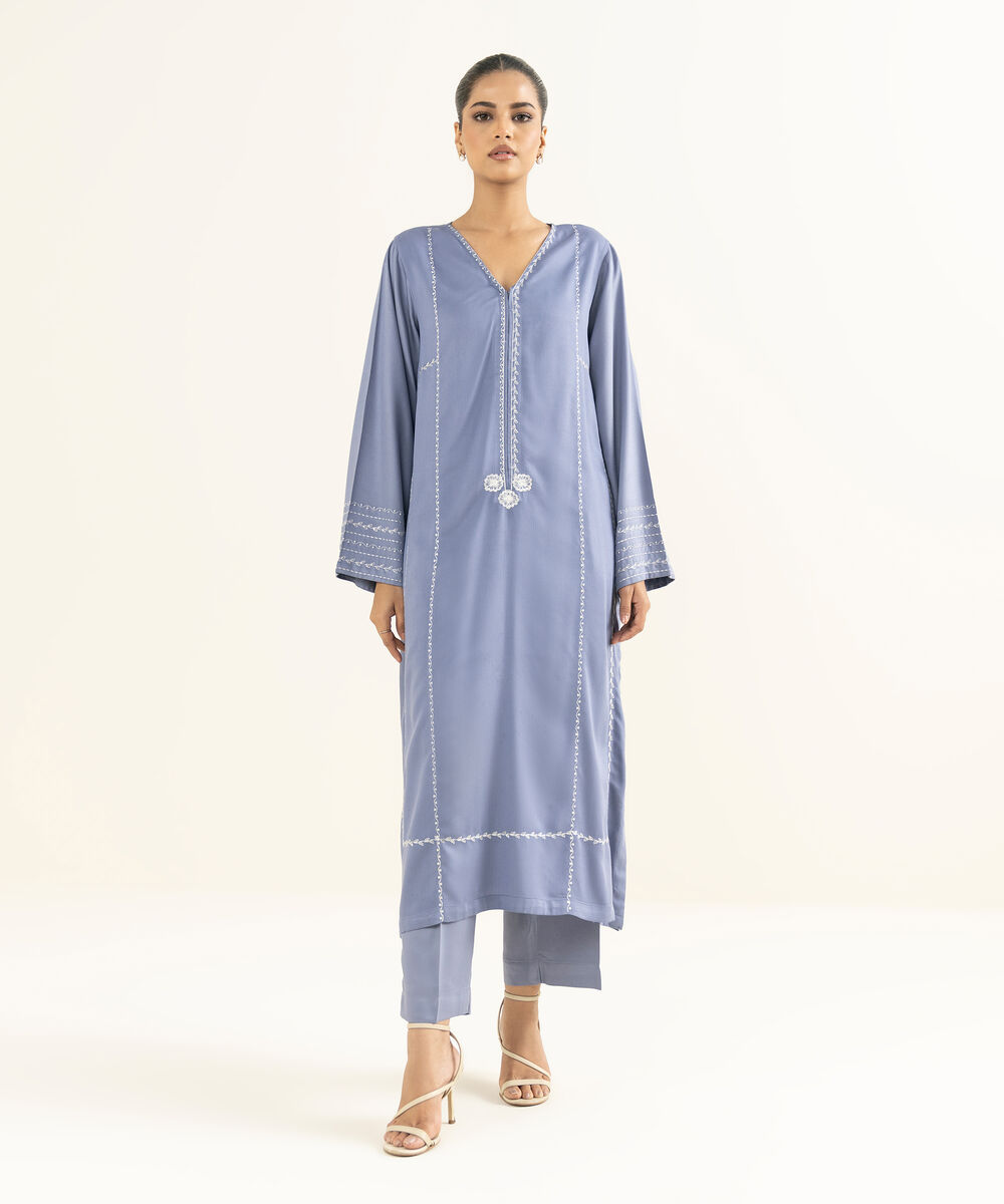 Women's RTW Bedford  Embroidered Blue Straight Shirt