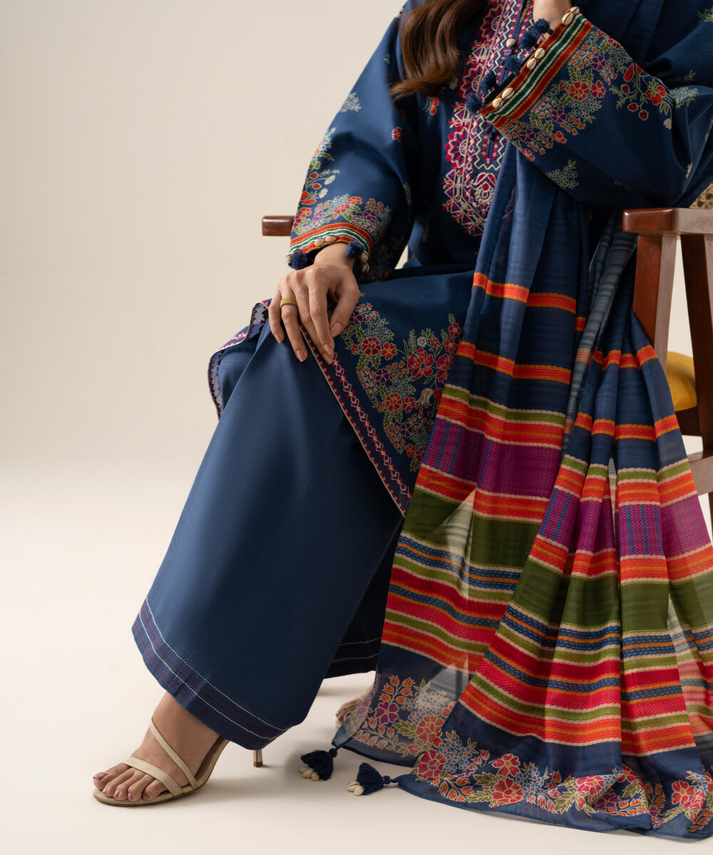 Women's Unstitched Light Khaddar Printed Blue 3 Piece Suit