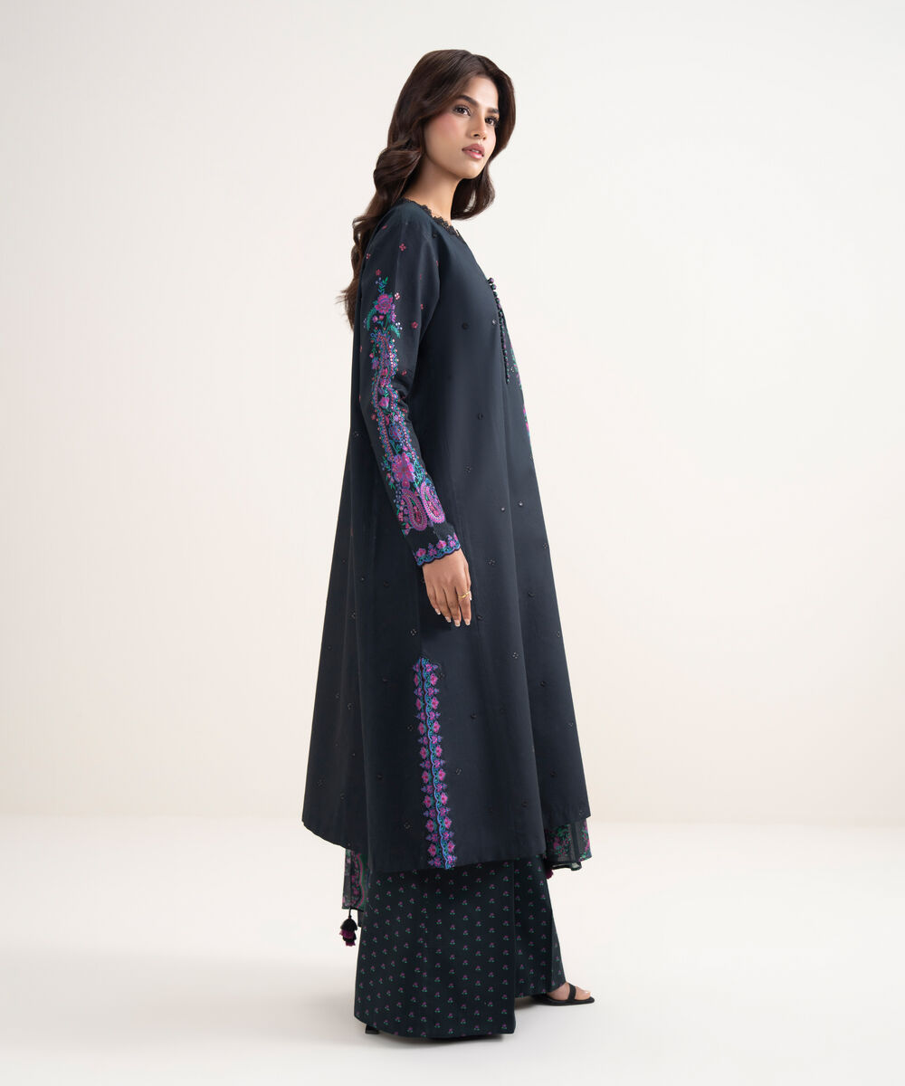 Women's Unstitched Textured Lawn Black Embroidered 3 Piece Suit