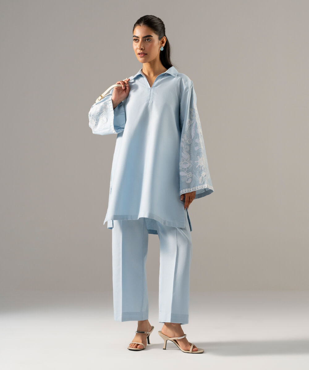 Women's RTW Cotton Linen Embroidered Ice Blue 2 Piece Suit