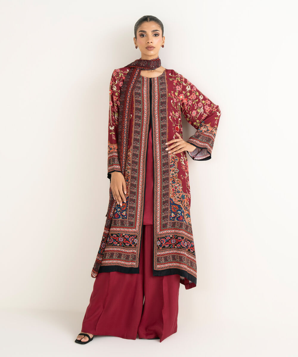 Women's RTW Grip Red Printed 3 Piece Suit