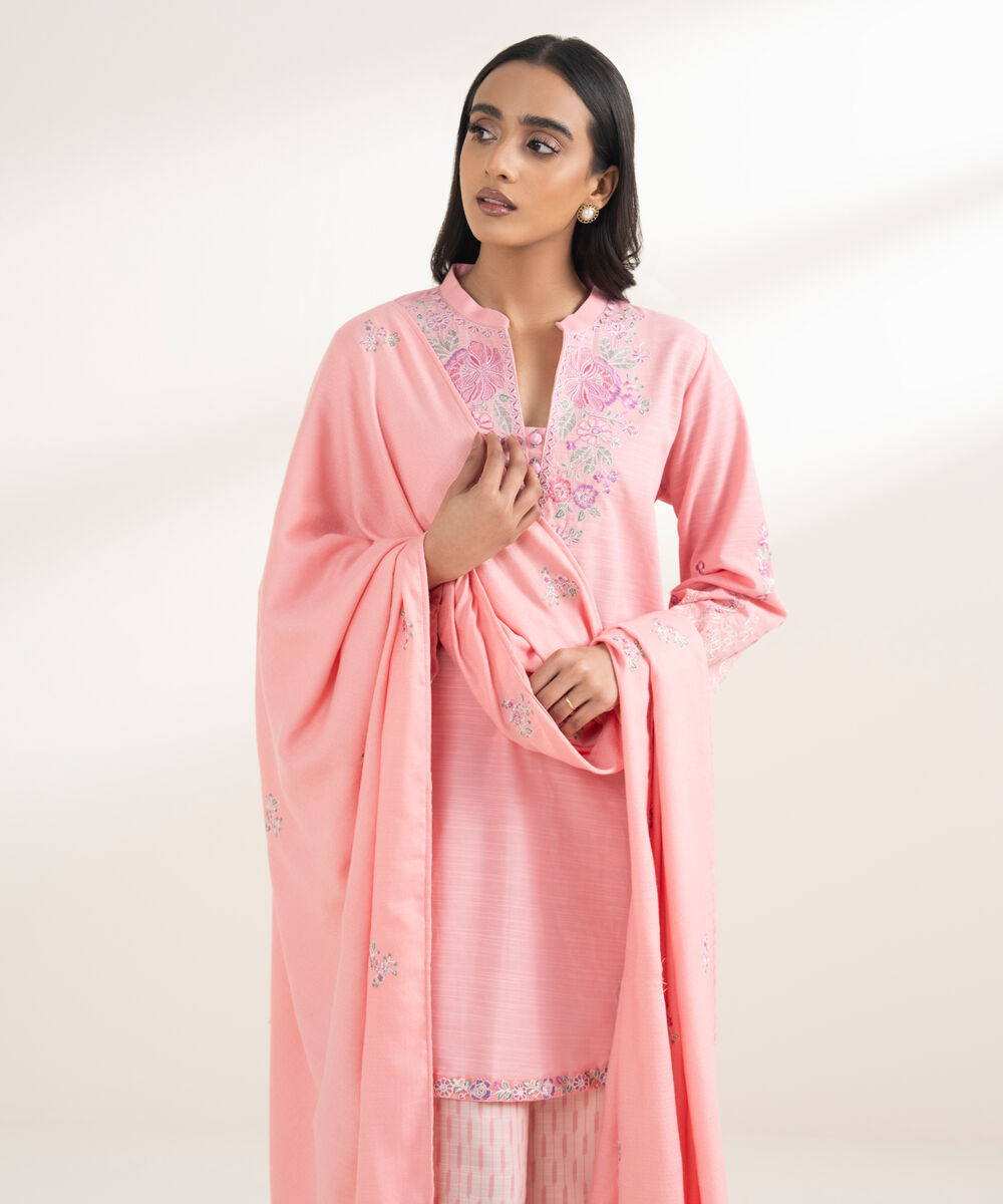 Women's RTW Khaddar Embroidered Pink 3 Piece Suit
