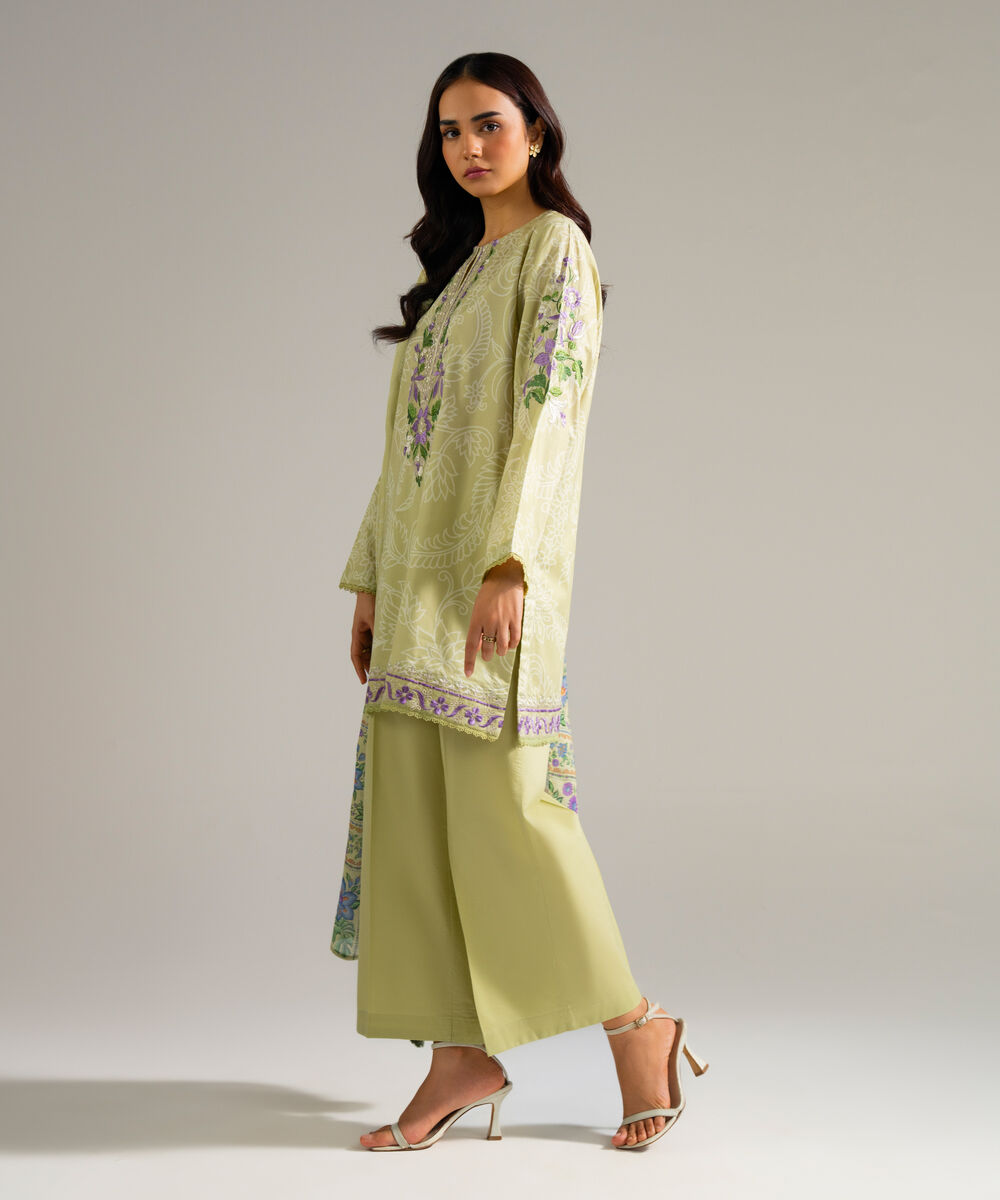 Women's RTW Cambric Embroidered Green 3 Piece Suit