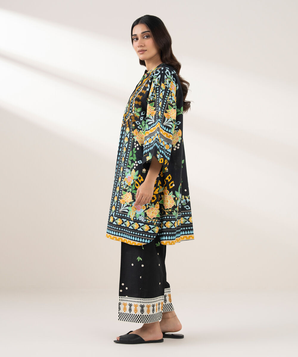 Women's RTW Khaddar Printed Straight Blue Shirt