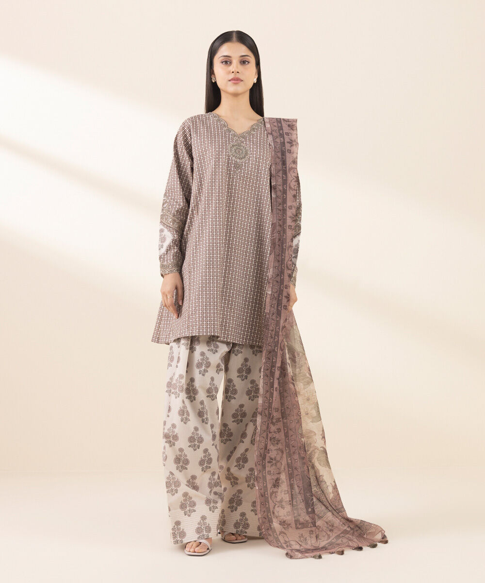 Unstitched Women's Embroidered Lawn Brown Three Piece Suit