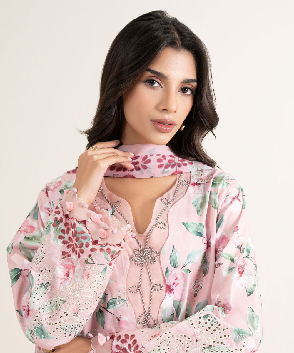 Women's Unstitched Lawn Embroidered Pink  3 Piece Suit