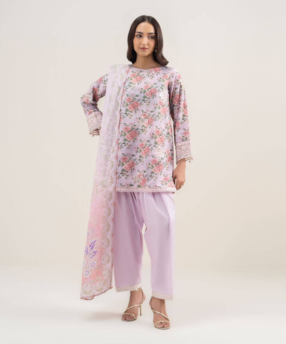 Women's RTW Zari Lawn Embroidered Lilac 3 Piece Suit