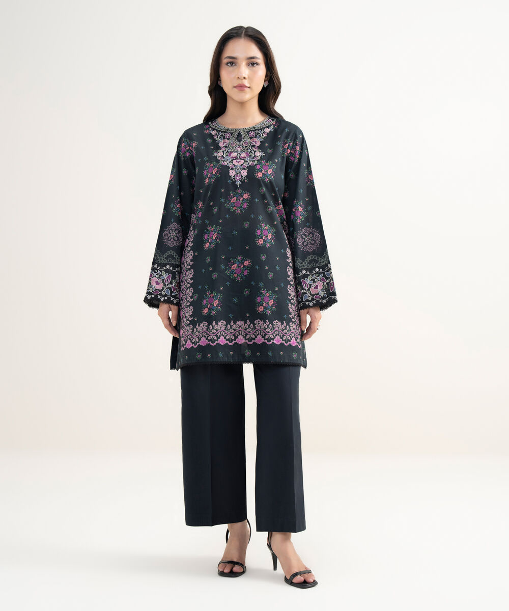 Women's RTW Lawn Embroidered Black Straight Shirt