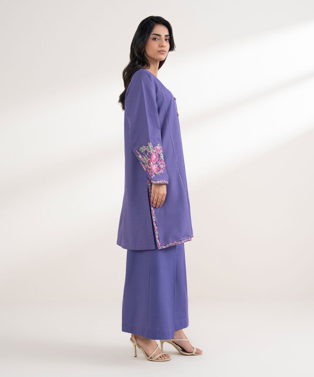 Women's RTW Zari Khaddar Embroidered Purple Straight Shirt
