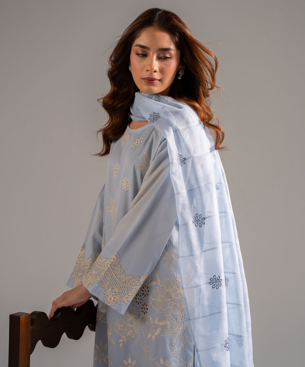 Women's RTW Cotton Satin Embroidered Light Blue 3 Piece Suit