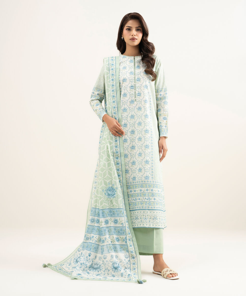 Women's Unstitched Lawn Printed Green 3 Piece Suit