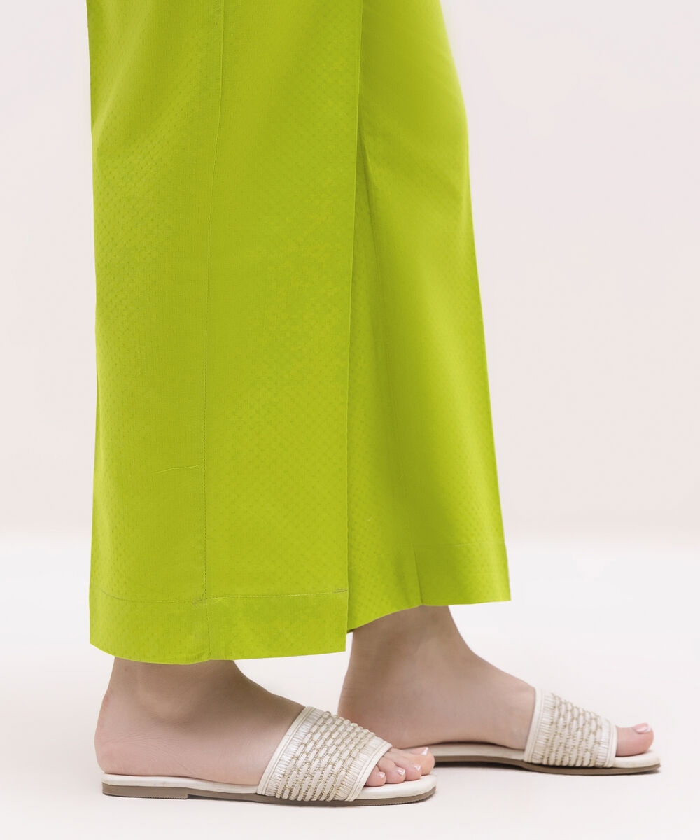 Women's RTW Textured Lawn Green Solid Straight Pants