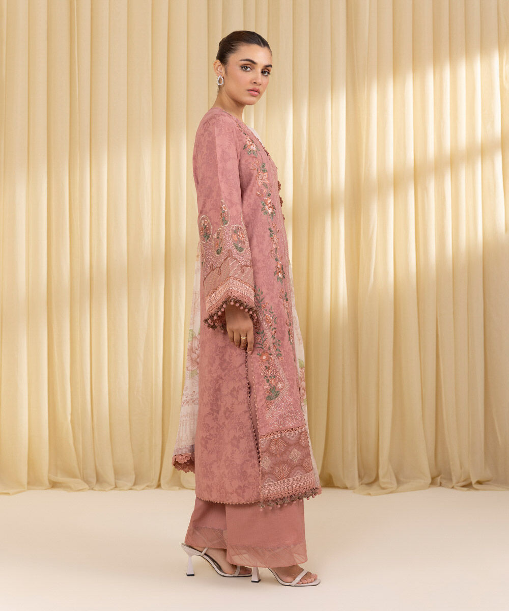 Unstitched Women's Pink Jacquard Embroidered 3 Piece Suit