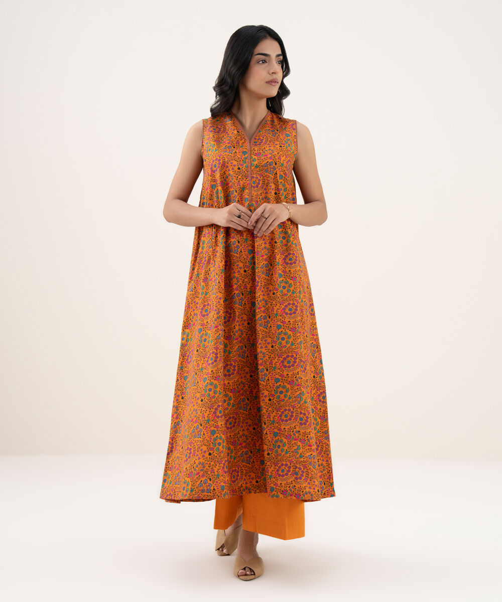 Women's Unstitched Cotton Printed Orange 2 Piece Suit