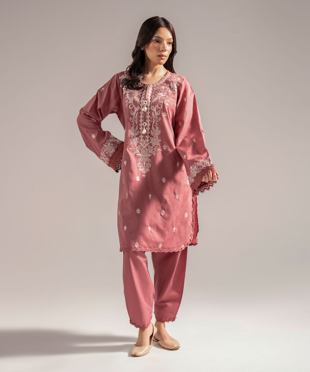 Women's RTW Self Jacquard Embroidered Straight Mauve Shirt