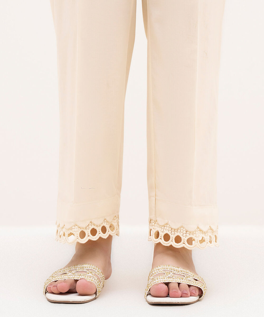 Women's RTW Cambric Off White Solid Straight Pants